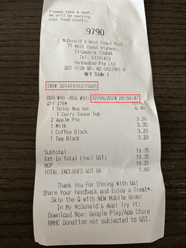 Receipt with Sensitive Information Highlighted